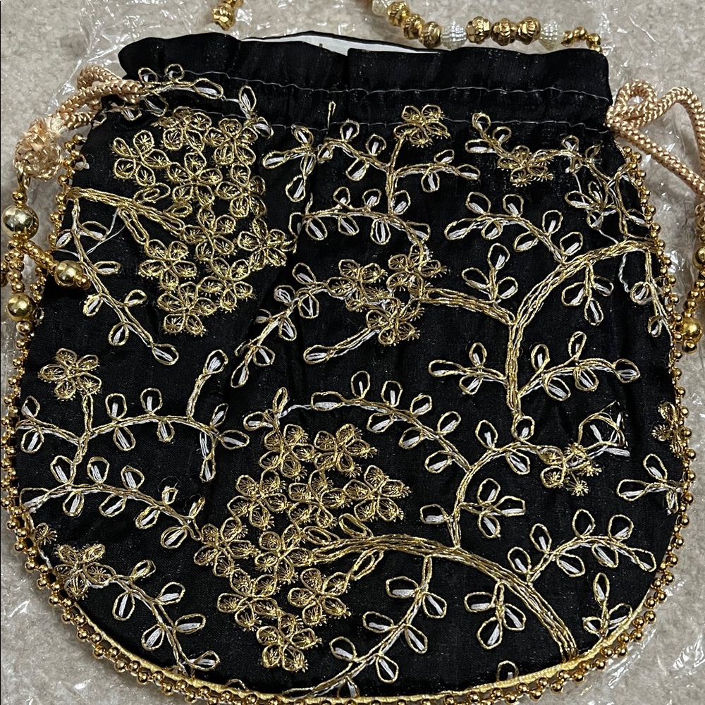 Embroidered Black and Gold Evening Drawstring Bag